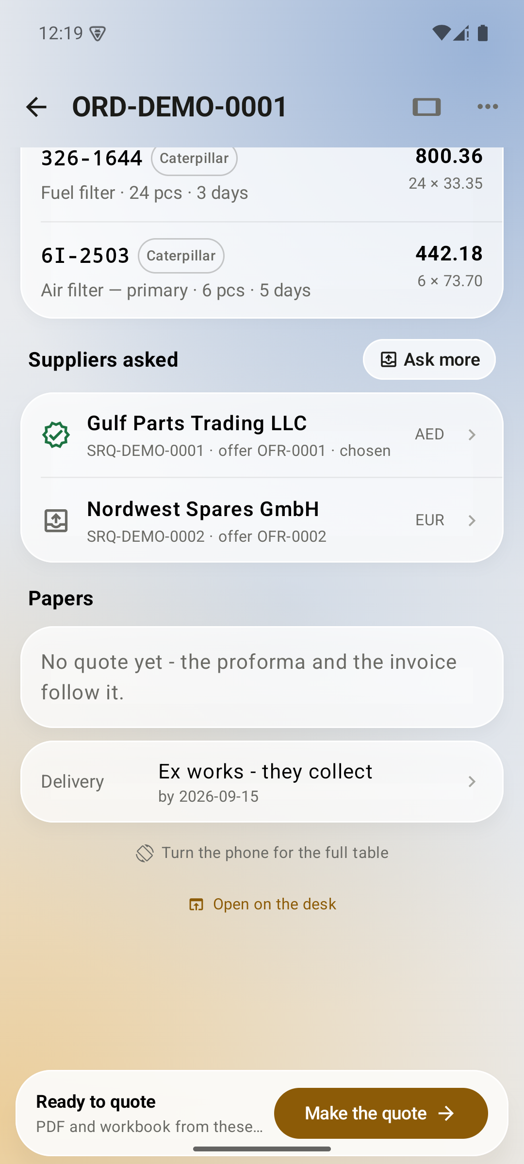 A fictional customer order in the native Android app, showing supplier offers, delivery details and quotation preparation.