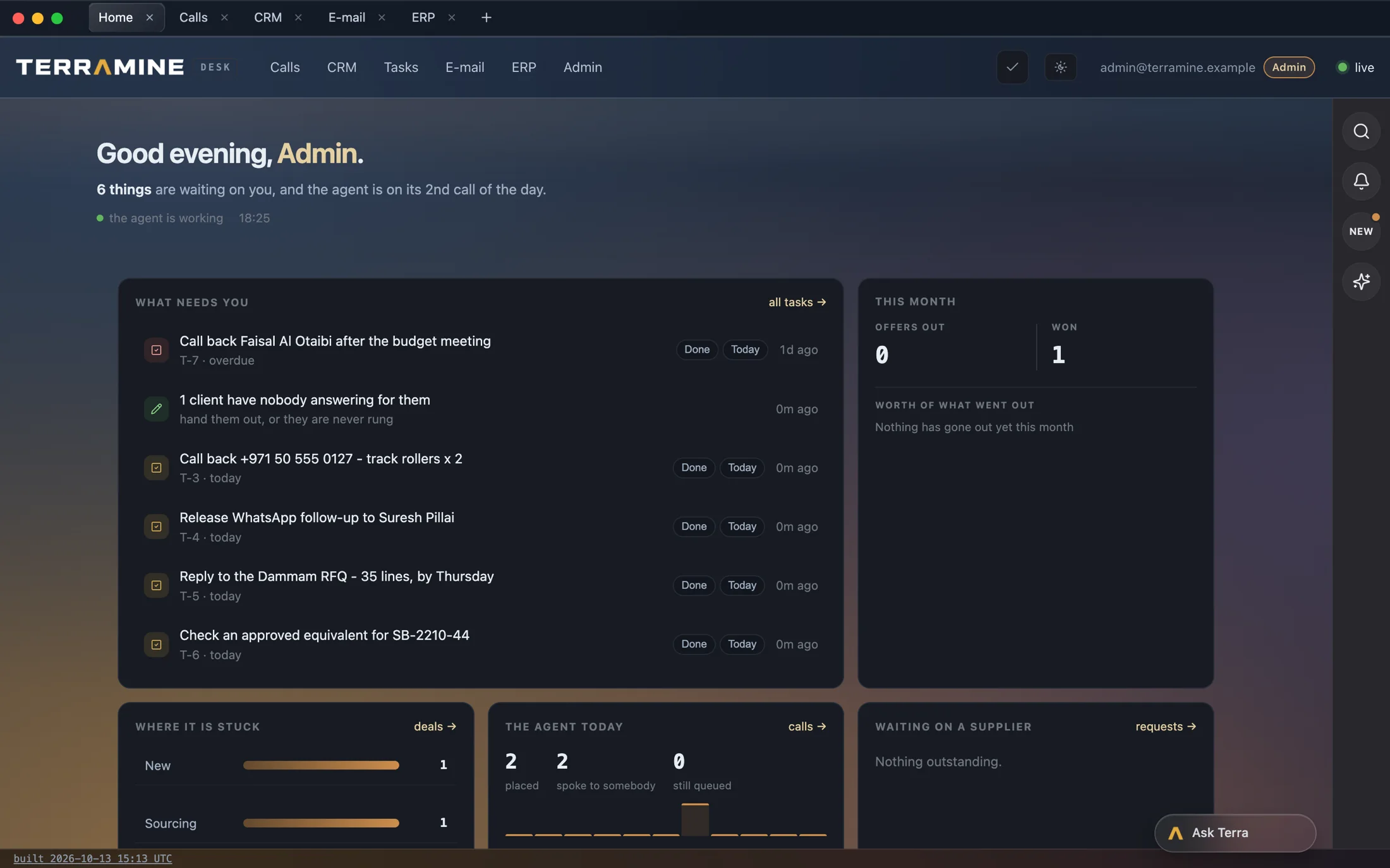 The Terramine Desk app on a Mac in dark mode, the Home room open with fictional demo data