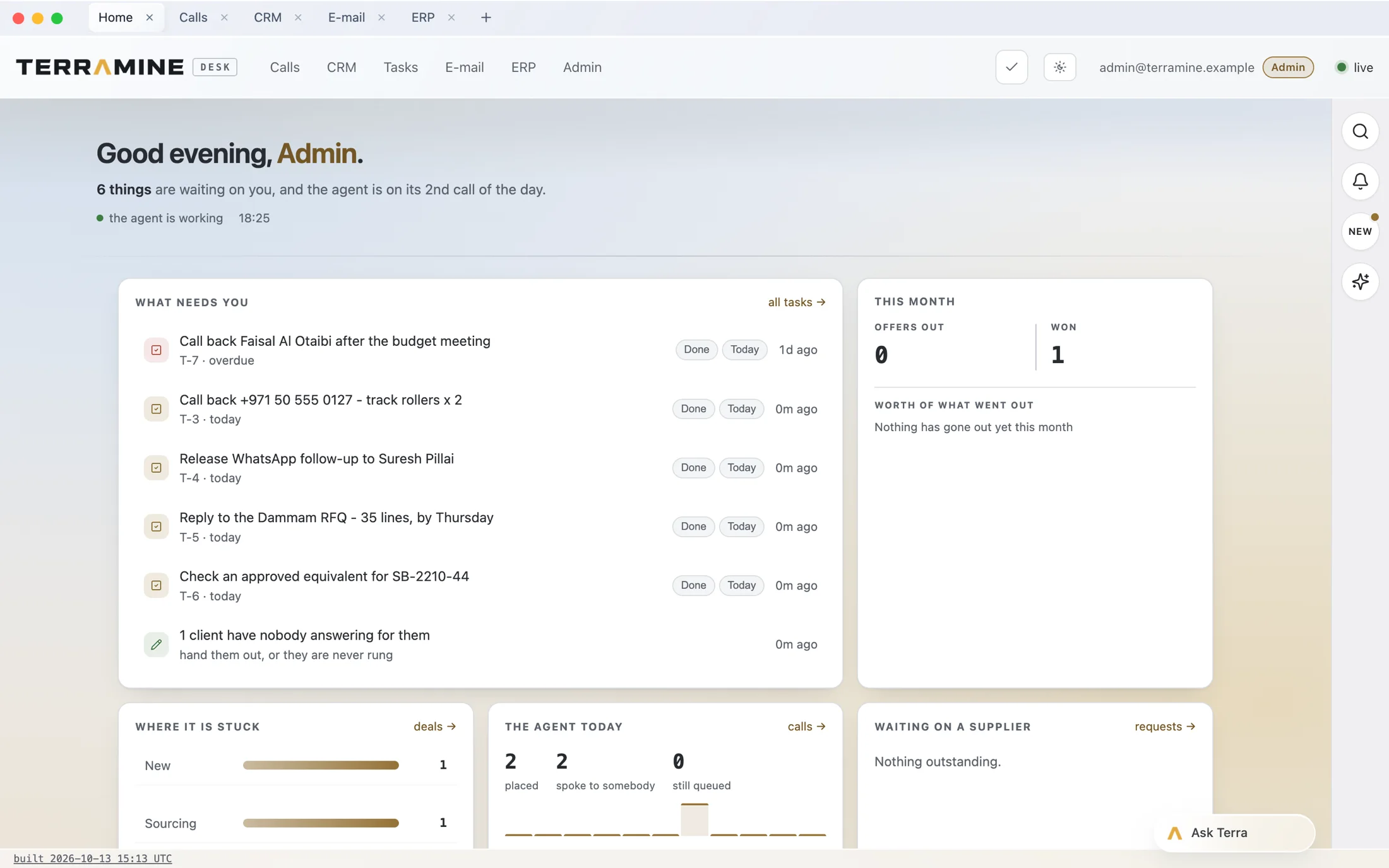The Terramine Desk app on a Mac: a strip of tabs above the desk's own header and the Home room open with fictional tasks, figures and the agent's calls