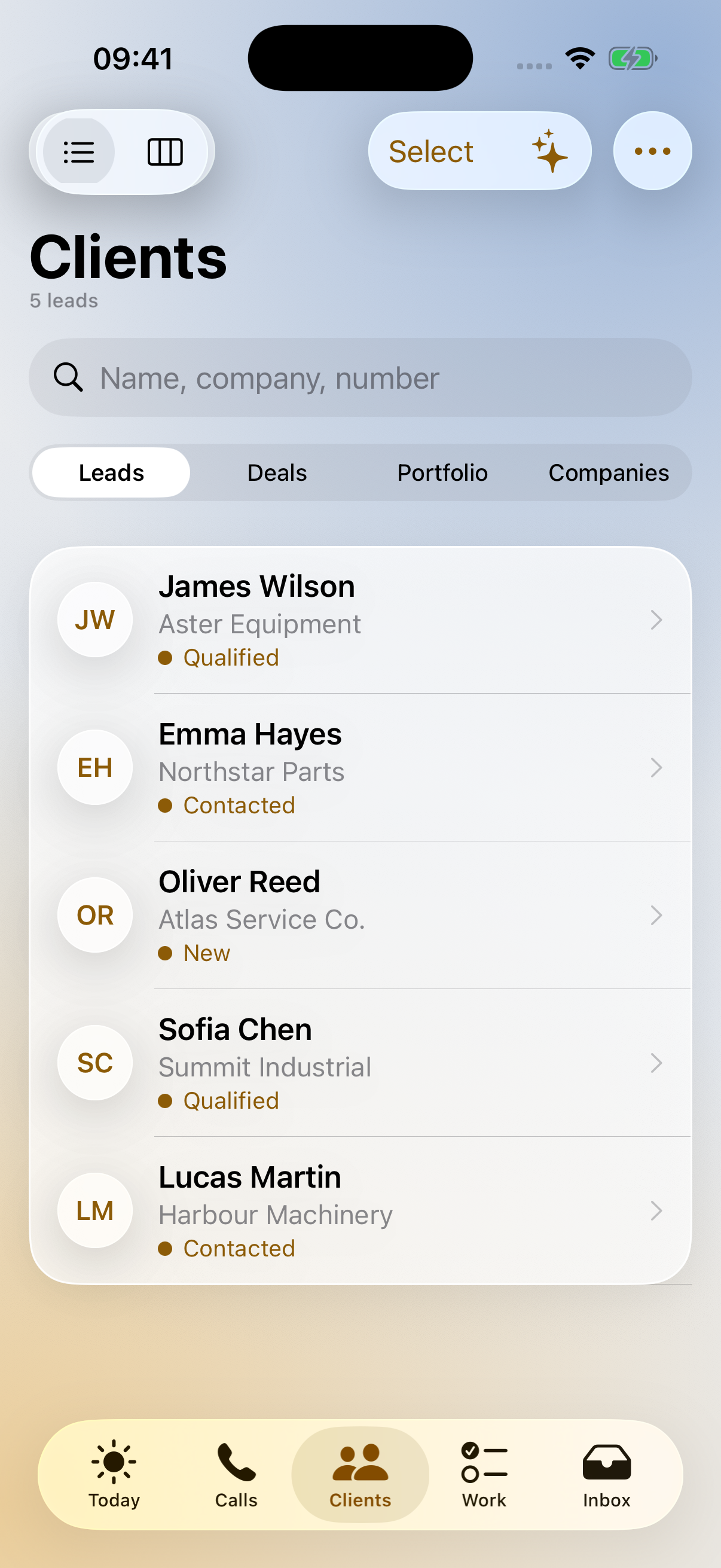 Clients in the iPhone app, showing fictional leads and their sales stages