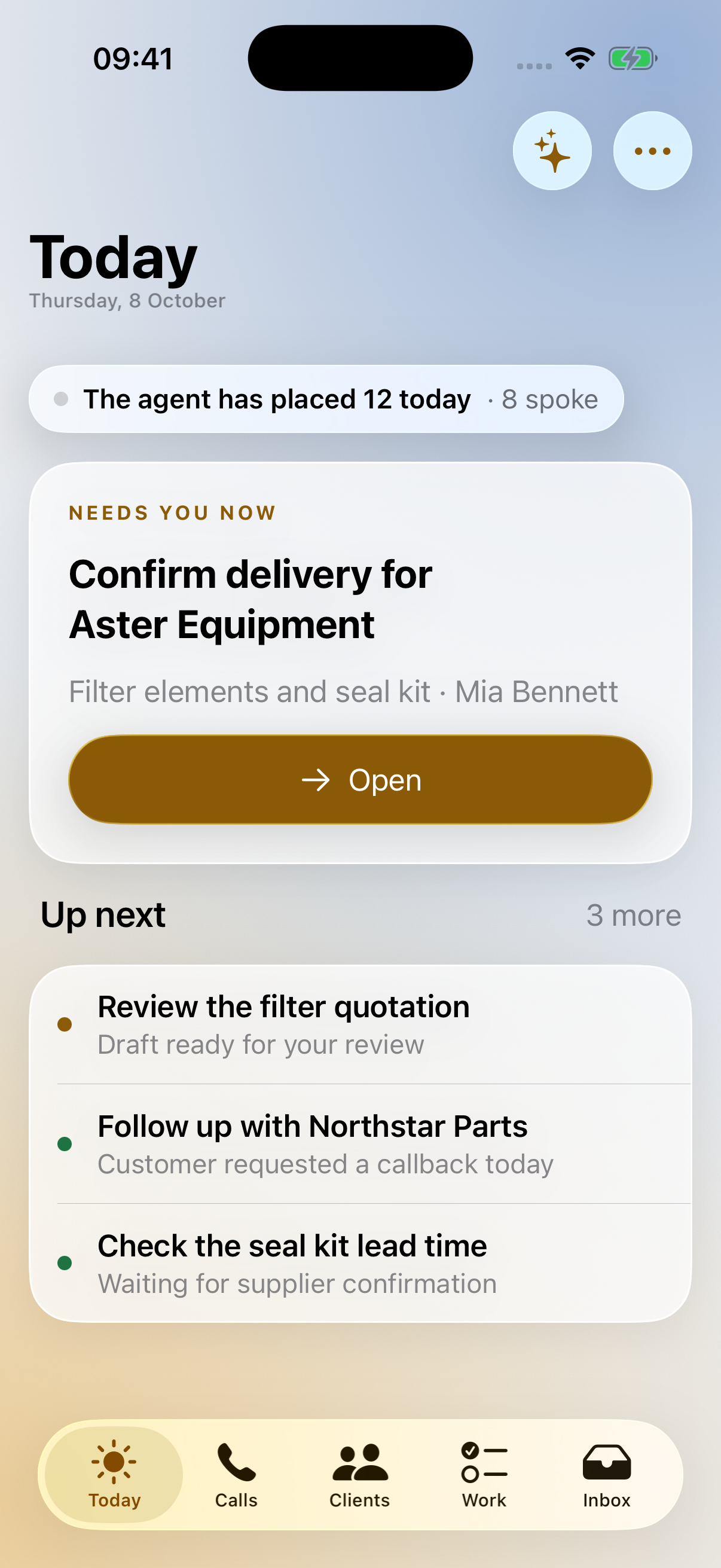 Today in the iPhone app, showing work needing attention and upcoming follow-ups