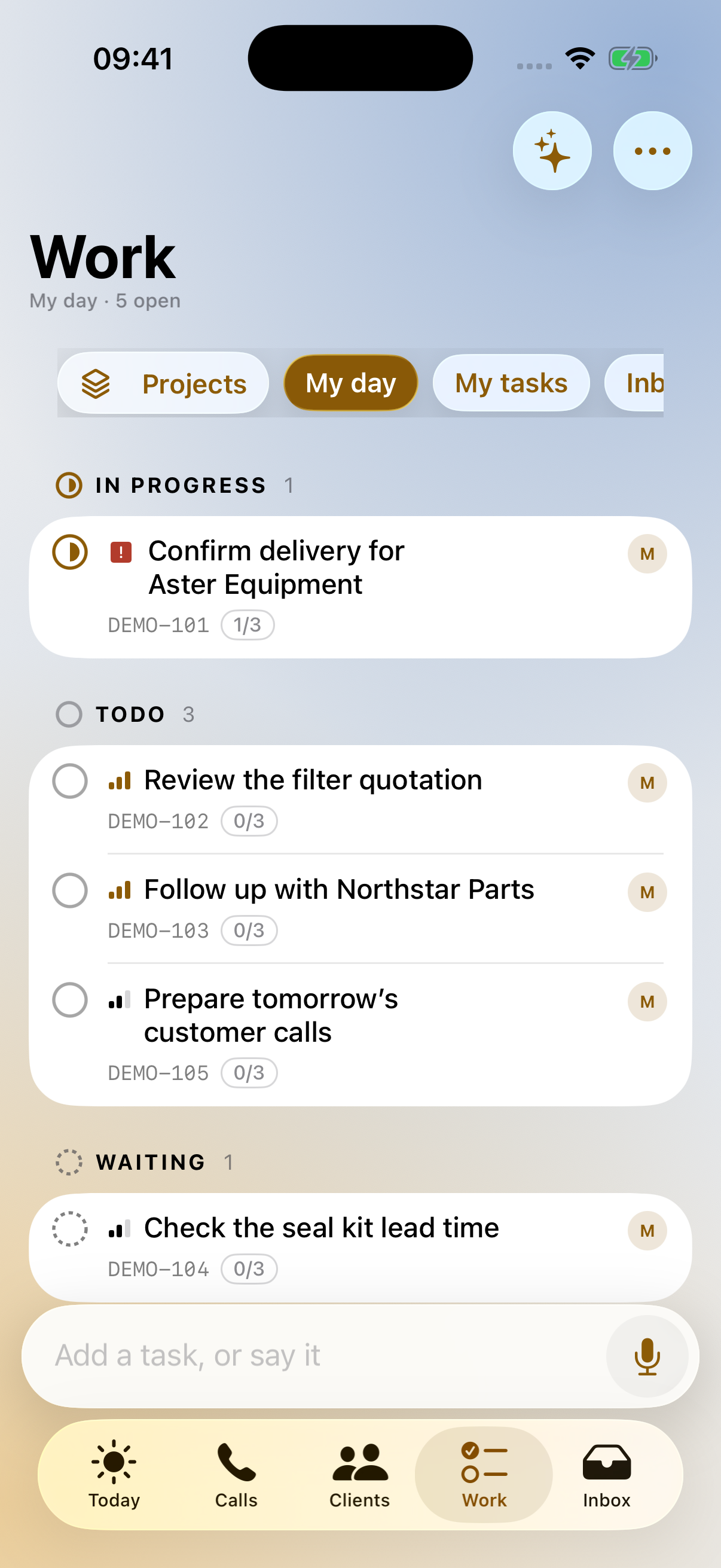 Work in the iPhone app, showing tasks grouped as In progress, Todo and Waiting